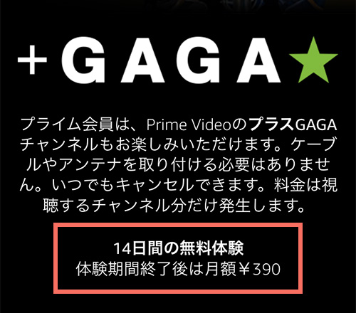 Amazonプライムビデオチャンネルでの+GAGA(プラスギャガ)の無料期間・料金